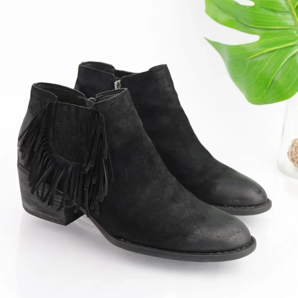 Born Womens Danni Boots Size 11 Black Suede Distress Fringe Booties‎ Block Heels